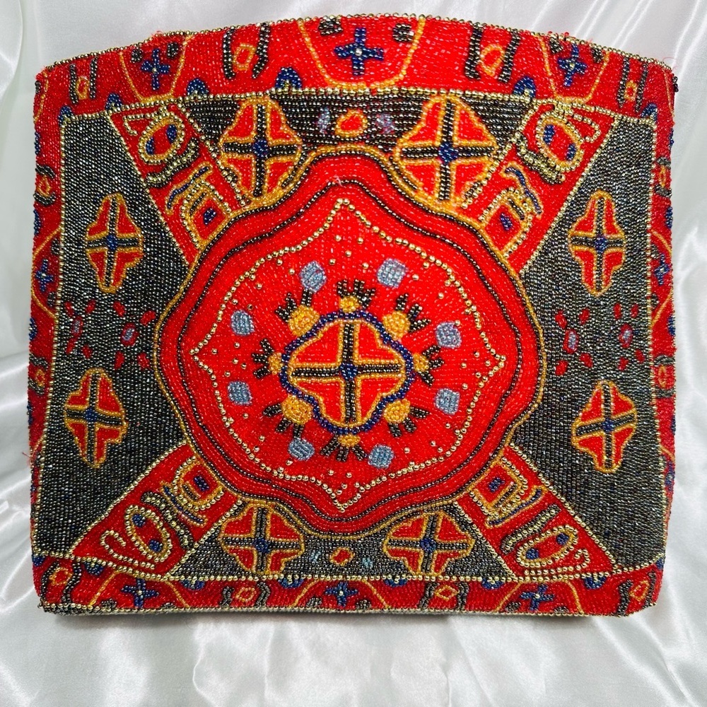 Vtg Iridescent Red Heavily Beaded Cross Boho Multicolor Tote Large Bag Purse
